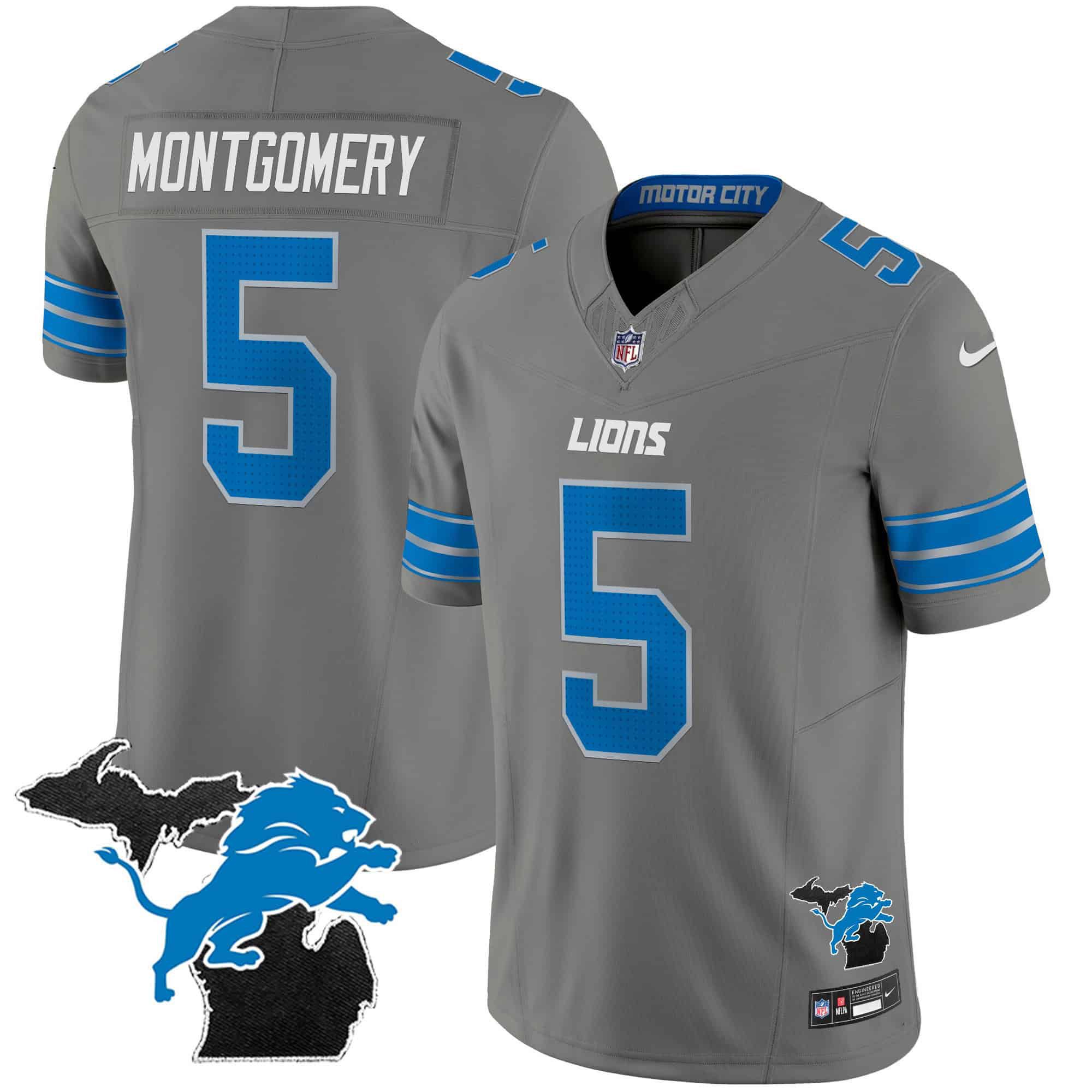 Men Detroit Lions #5 Montgomery Grey 2024 Nike Michigan Patch Vapor Limited NFL Jersey